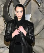 Dua Lipa 80s Paris FW Oversized Black Leather Long Coat