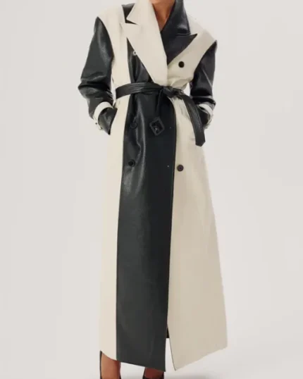 Selena Gomez Black and White Leather Trench Coat