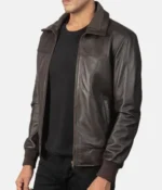 Enzo Vintage Rib Knit Brown Leather Bomber Jacket
