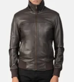 Enzo Vintage Rib Knit Brown Leather Bomber Jacket