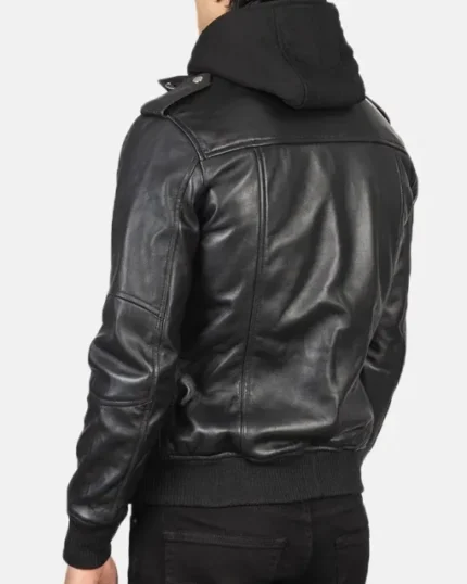 Men Orlan Black Motorcycle Leather Hooded Bomber Jacket