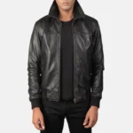 Enzo Black Leather Bomber Jacket