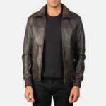 Enzo Vintage Rib Knit Brown Leather Bomber Jacket