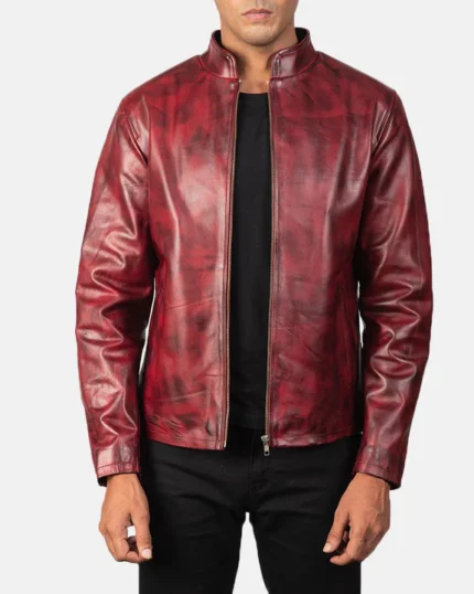 Distressed Red Leather Bomber Jacket