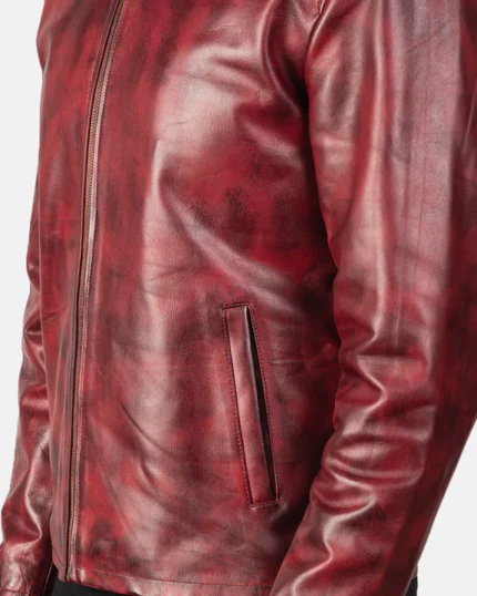 Distressed Red Leather Bomber Jacket