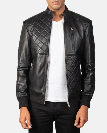 Black Leather Quilted Bomber Jacket
